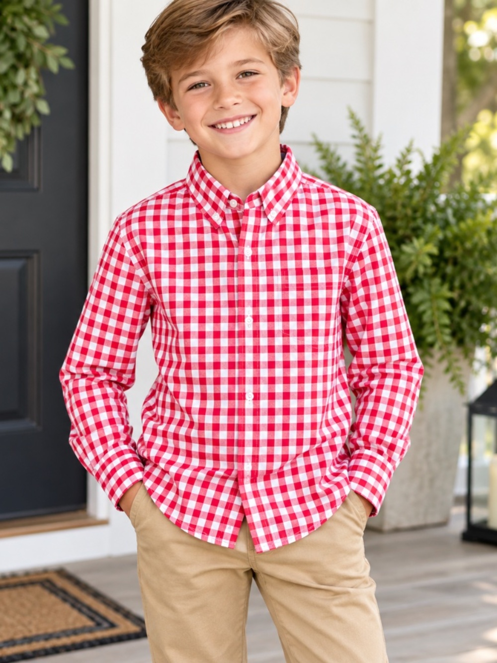 Kelly's Kids 8-10 Red White Gingham Button Down Shirt Long Sleeve